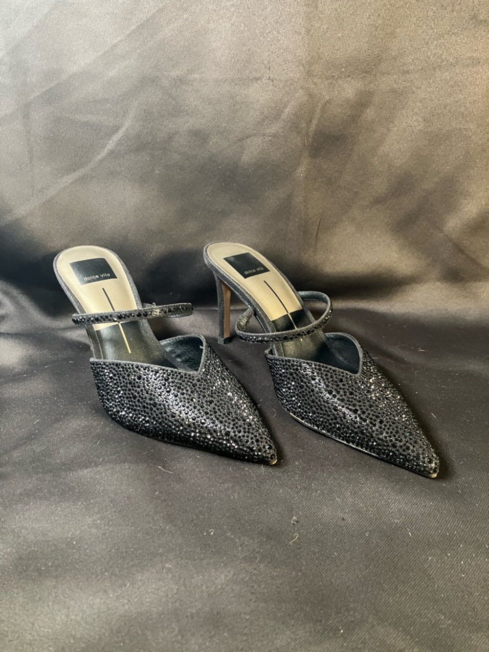 Dolce Vita Black Crystal-Studded Pointed Toe Mules with Mary-Jane Strap